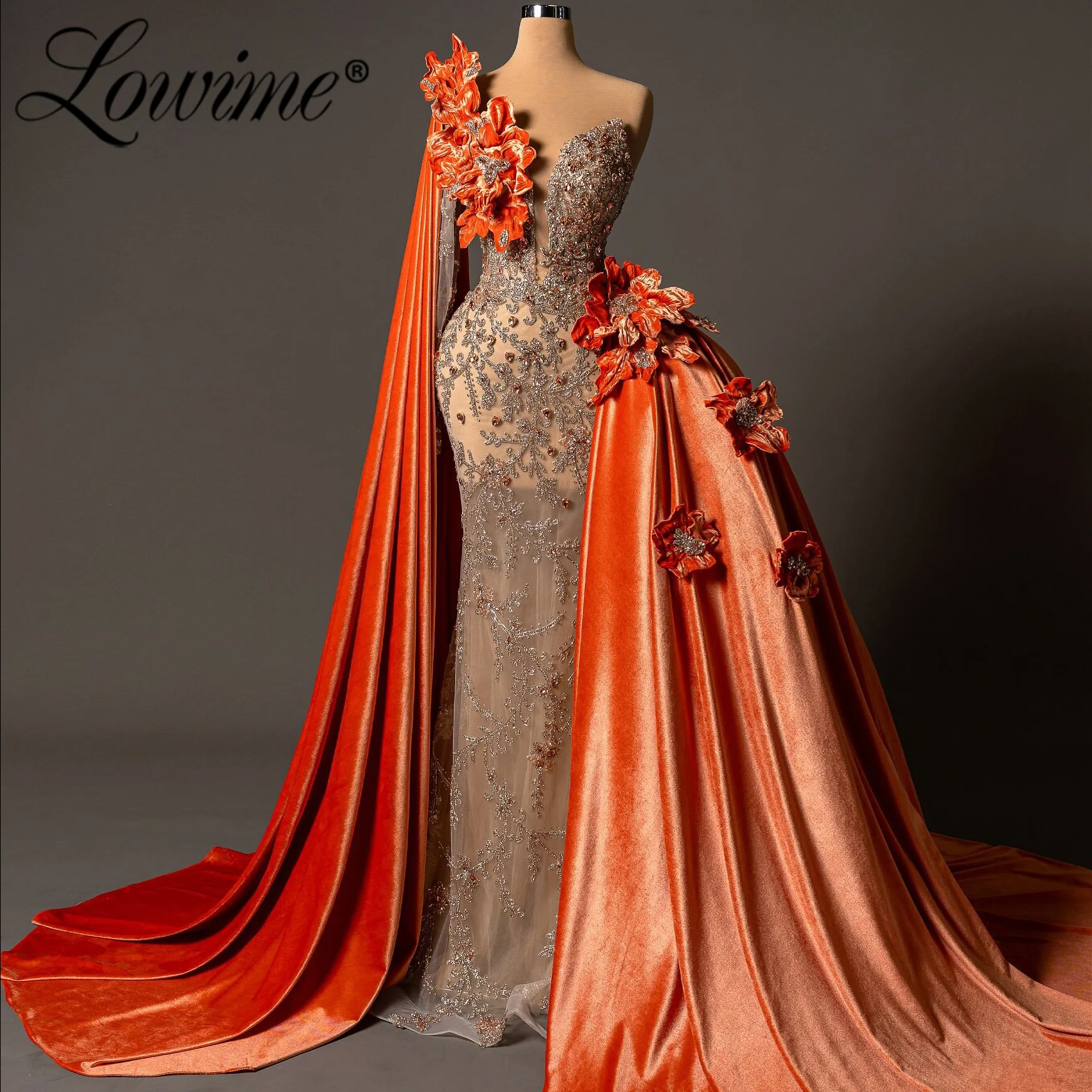 

2026 Orange Crystal Flowers Evening Dress One Shoulder Long Mermaid Arabic Party Gowns With Overskirt Customized Prom Dresses