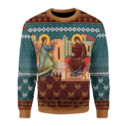 Ugly Christmas Sweater 3D Jesus Saints Printed Holiday Party Sweatshirt For Christian Sweatshirt Men Casual Long Sleeve Pullover