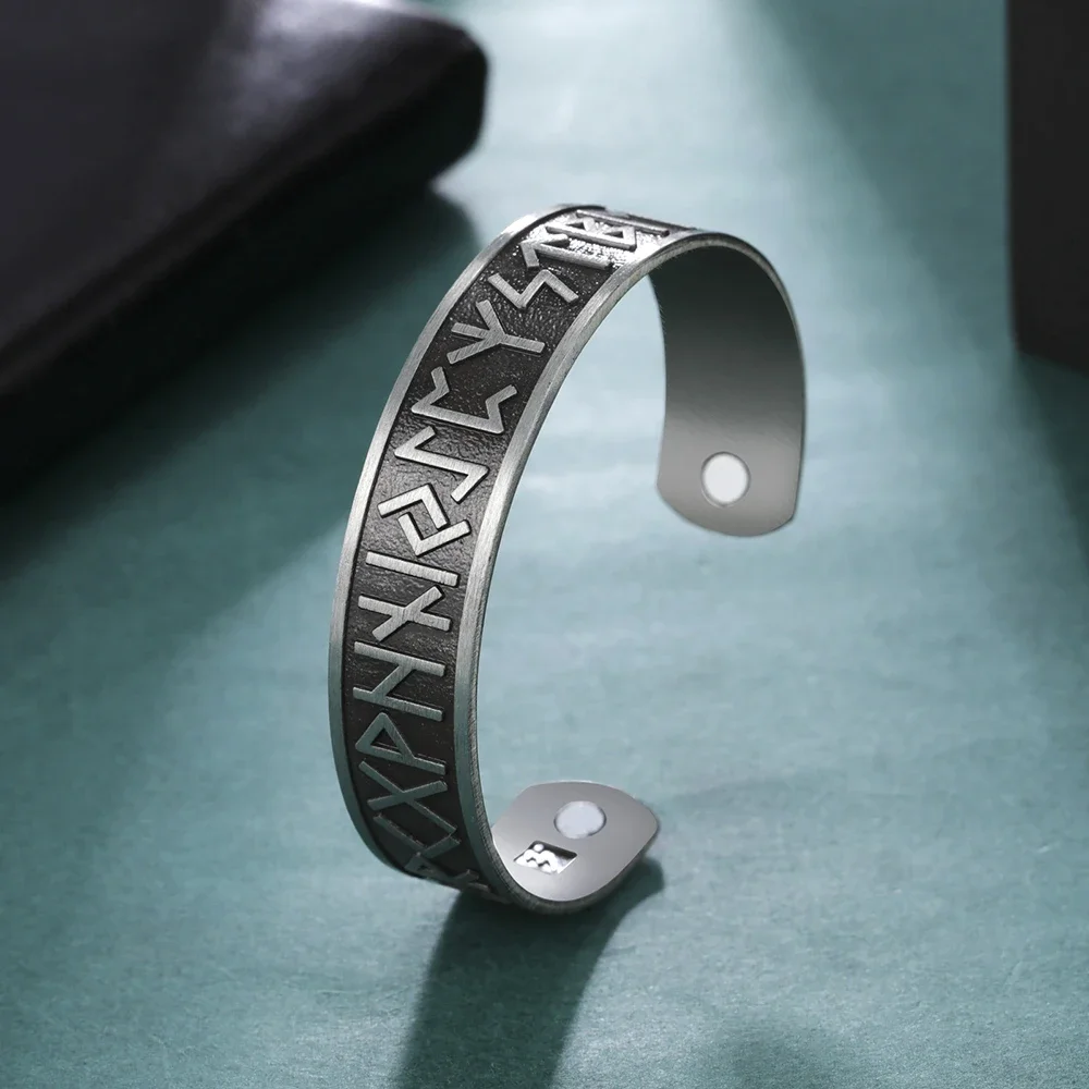 Skyrim Nordic Viking 24 Rune Stainless Steel Metal Bracelet for Men and Women Vintage Health Magnetic Protector Jewelry Gift