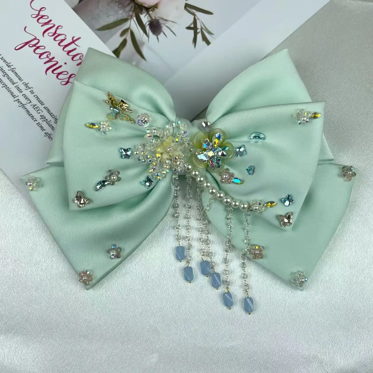 

New Original Heavy Industry High-Grade Satin Full Diamond Tassel Bow Hairpin Elegant Headdress Sweet Spring Clip