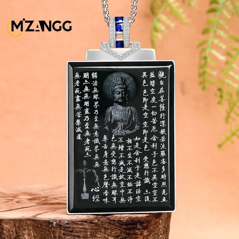 

S925 Silver Inlaid High-grade Hetian Ink Jade Shadow Carving Guanyin Sutra Pendant Fashion Luxury Men and Women Lucky Charm Gift