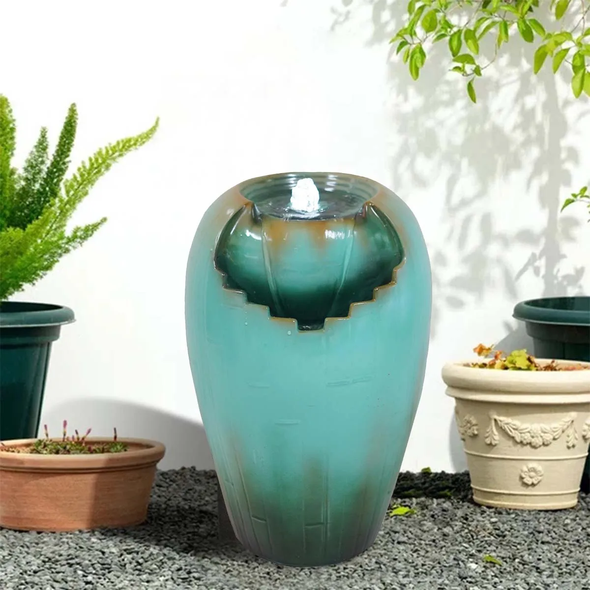 Solar Powered Ceramic Water Fountain Decor Large Indoor/Outdoor Resin Plastic and Glass Backyard Garden for Yard
