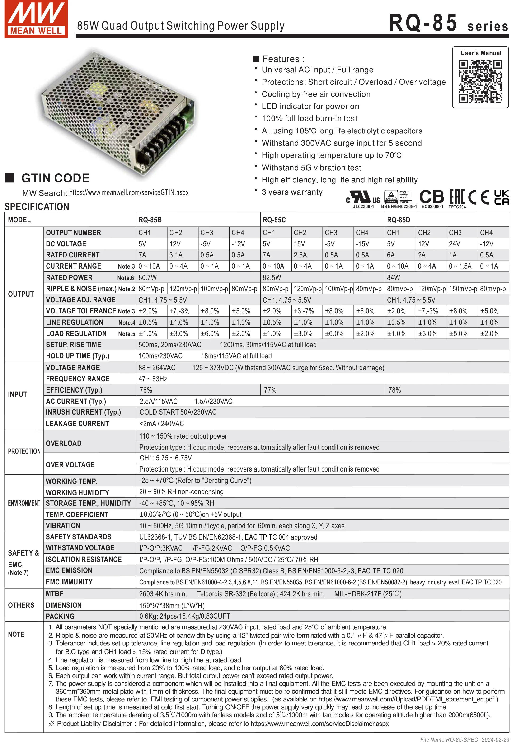 Mean Well RQ-85B/85C/85D AC/DC 80W Quad Output Switching Power Supply meanwell online store
