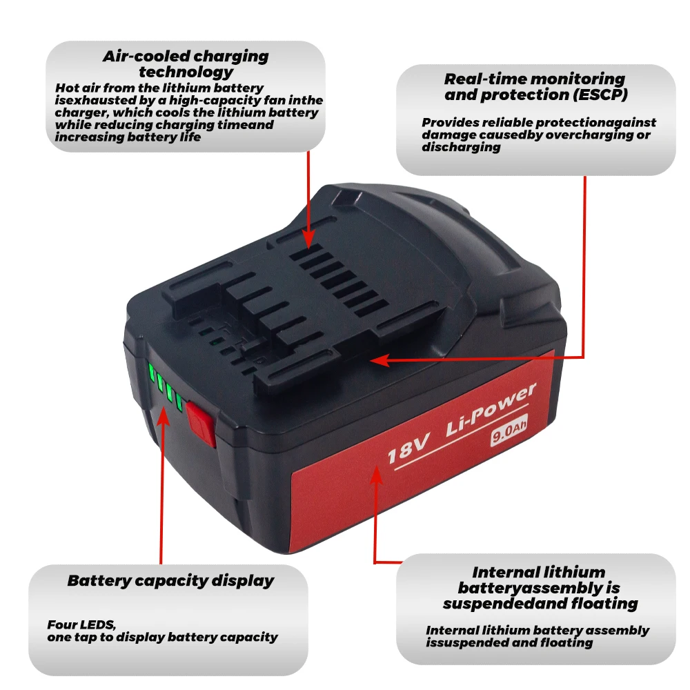 18V 9.0Ah Battery for Metabo Cordless Power Tool Drill Drivers Wrench Hammers for Metabo 18V Battery 9000mah 625592000 625591000