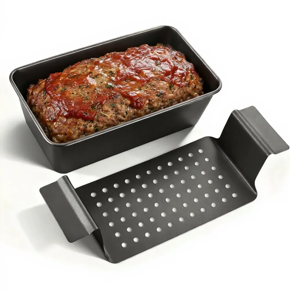 Nonstick meatloaf pan with perforated drain tray and lift rack for serving and fat draining carbon steel loaf pan 30 11 6CM