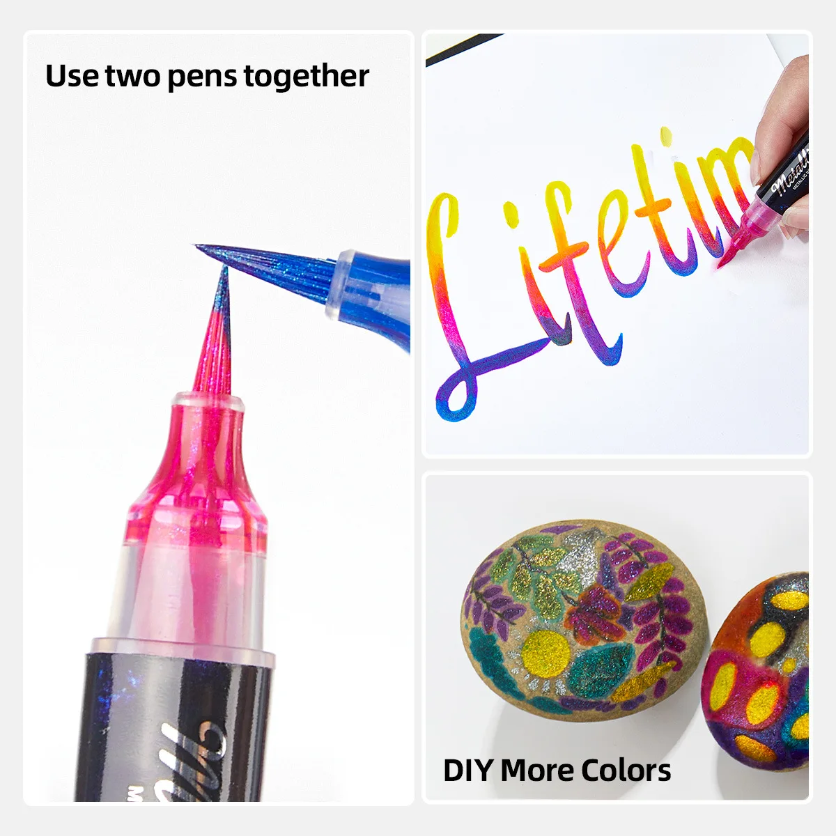 9Colors Metallic Markers Pens Dual Bling Shiny Brush Pen Press Type for Paper Glass Rock Painting DIY Scrapbook Album stationery image 4