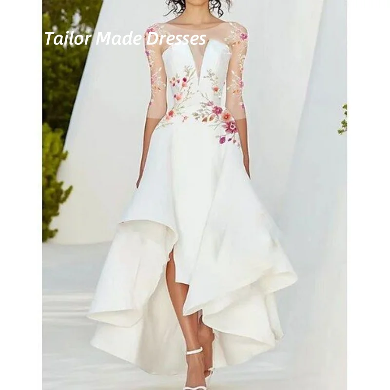 Abito da sposa semplice da giardino A-Line con scollo a V mezze maniche Abiti da sposa in raso con perline floreali Applique in pizzo con volant personalizzato