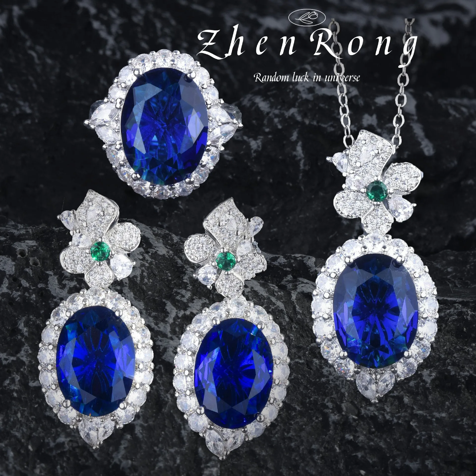 

Foydjew Luxury Elegant Royal Blue Sapphire Jewelry Sets Flower Design Drop Earrings Pendant Necklaces Silver Rings For Women