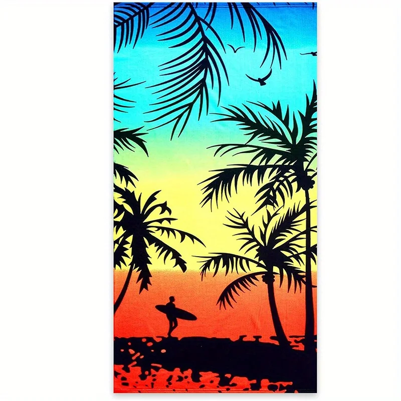 Beach Towel Palm Trees and Surfer Sunset Pattern Sun Protection Windproof Suitable for Swimming Pool Camping Travel Blanket