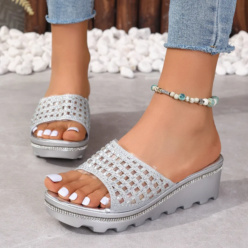 Summer Wedge Slippers for Women Thick-soled Non-slip Open Toe Platform Sandals Woman Fashion Outdoor Rhinestone High Heels Shoes