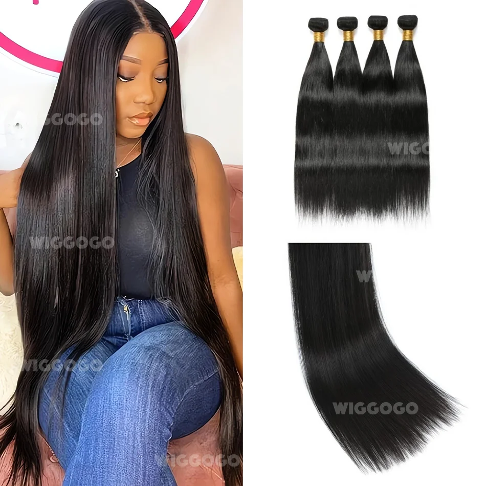 Wiggogo Bone Straight Human Hair Bundles Deals Unprocessed Virgin Hair Extensions Long Thick Brazilian Natural Black Weave Hair