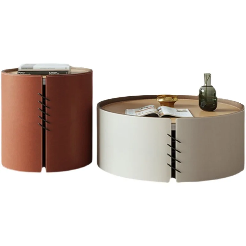 

y modern simple high and low size round coffee table small apartment living room saddle leather creative rock slab tea table