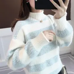 Autumn Winter New Women's Fashion Turtleneck Stripe Pullovers Sweaters Elegant Versatile Casual Loose Commuter Long Sleeve Tops