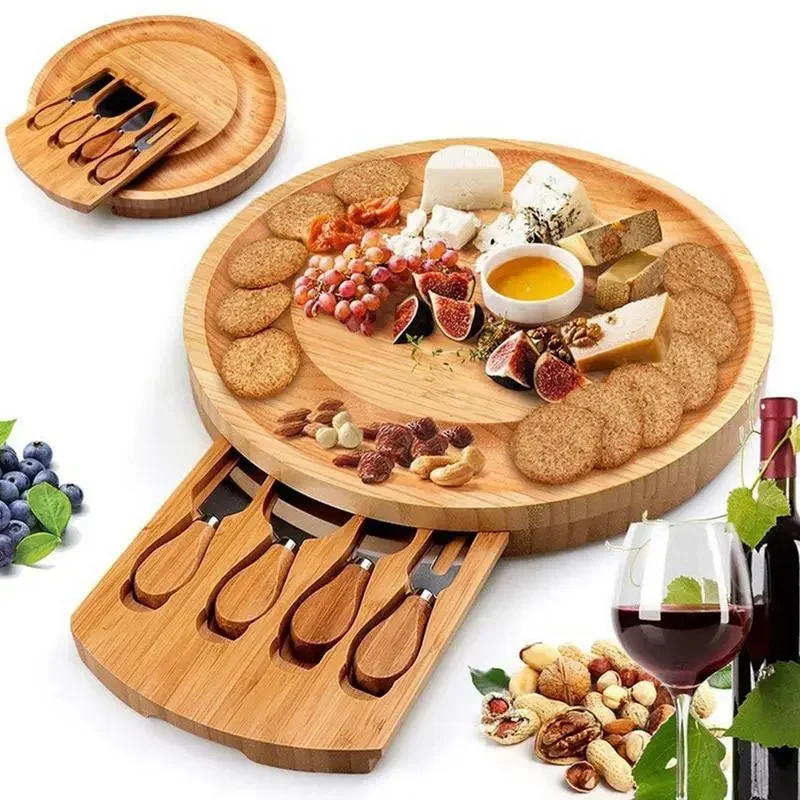 

Bamboo Charcuterie Drawer Board Set Charcuterie Chopping Block Knives Bamboo Cheese Board With Grooved Cutlery Cheese Knives