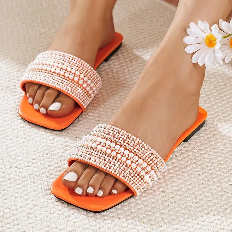Damen-Sandalen mit flachem Boden, 2025, Sommer, neuer Stil, Perlen-Strass-Schuhe, Damen-Outdoor-Mode-Hausschuhe – Detail 24