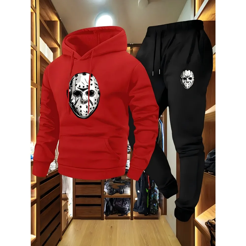 طقم هوديي كاجوال للرجال بطباعة قناع وسروال مطاطي، مناسب للأنشطة الخارجية للخريف/الشتاء