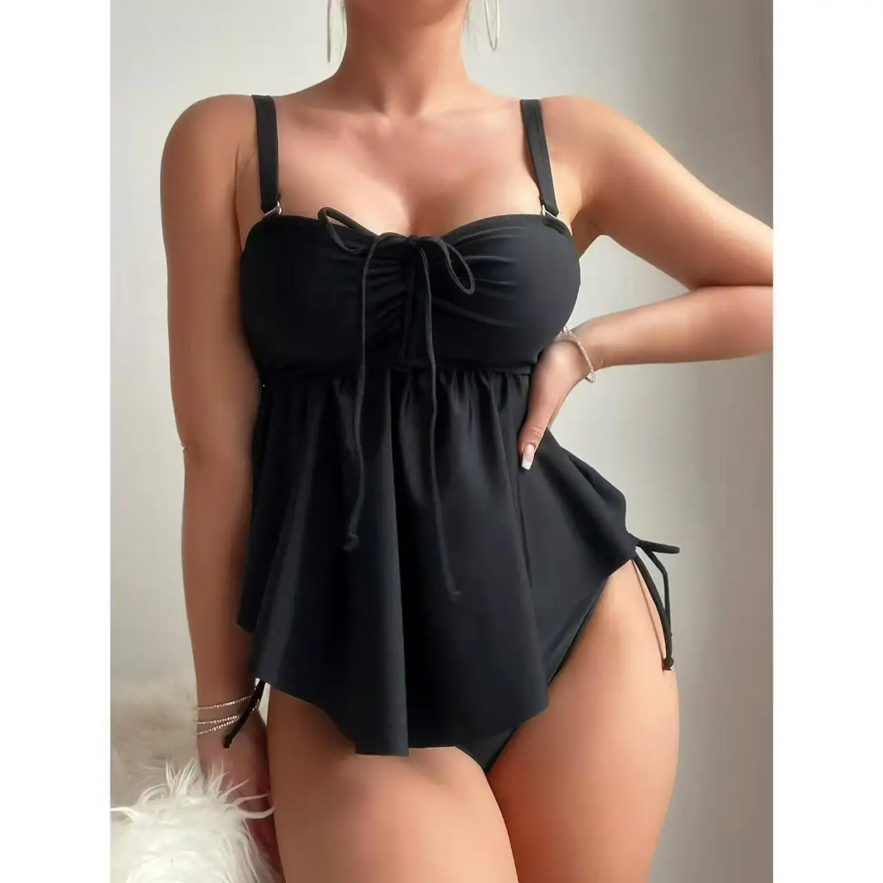 Women's Modest Two-Piece Swimwear Ruched Tummy Control Swimdress Drawstring High Waisted Swimsuit Bikini Set New Beachwear