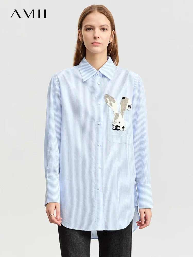 AMII Striped Shirt For Women 2023 Autumn New Loose Rabbit Towel Embroidery Long Casual Drop Sleeve Shirts & Blouses 12323073