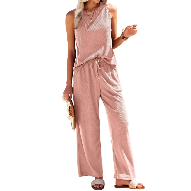 Solid Color New In Matching Sets Two Piece Outfits 2 Pieces Set For Woman Sleeveless Slim Simple Style All-match Casual Homewear