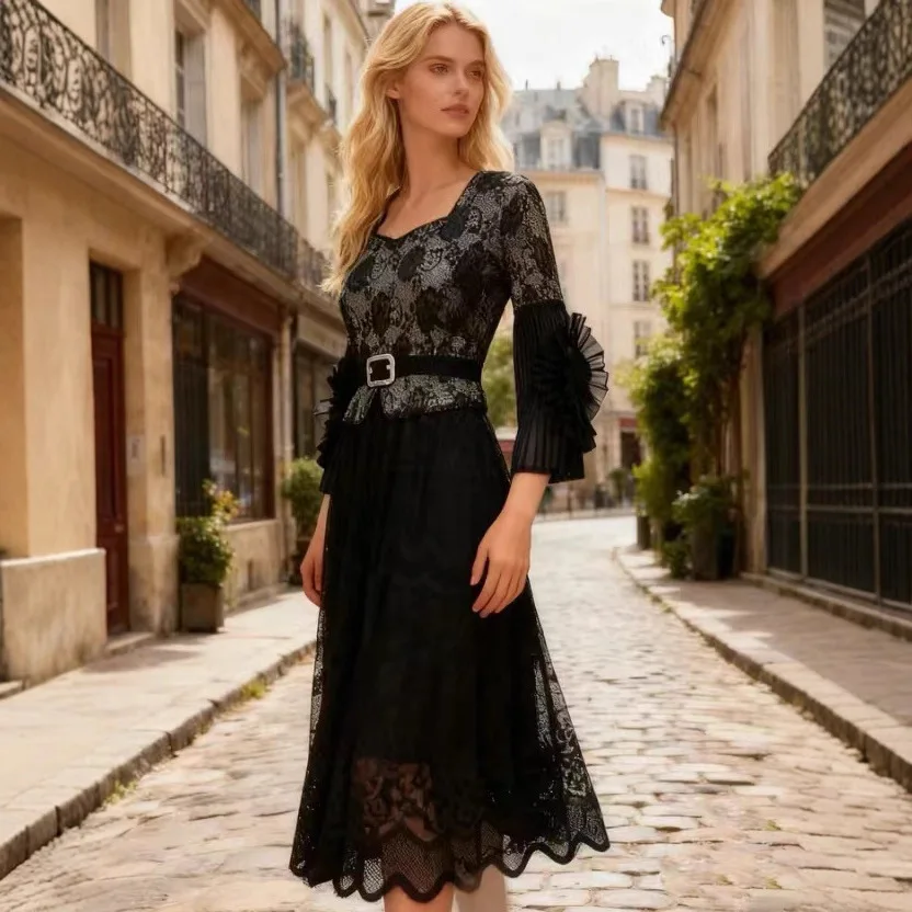 

2025 Autumn New V-neck Lace Mesh Embroidered Splicing Dress Fake Two-piece Dress Fashionable Loose Long Dress Women