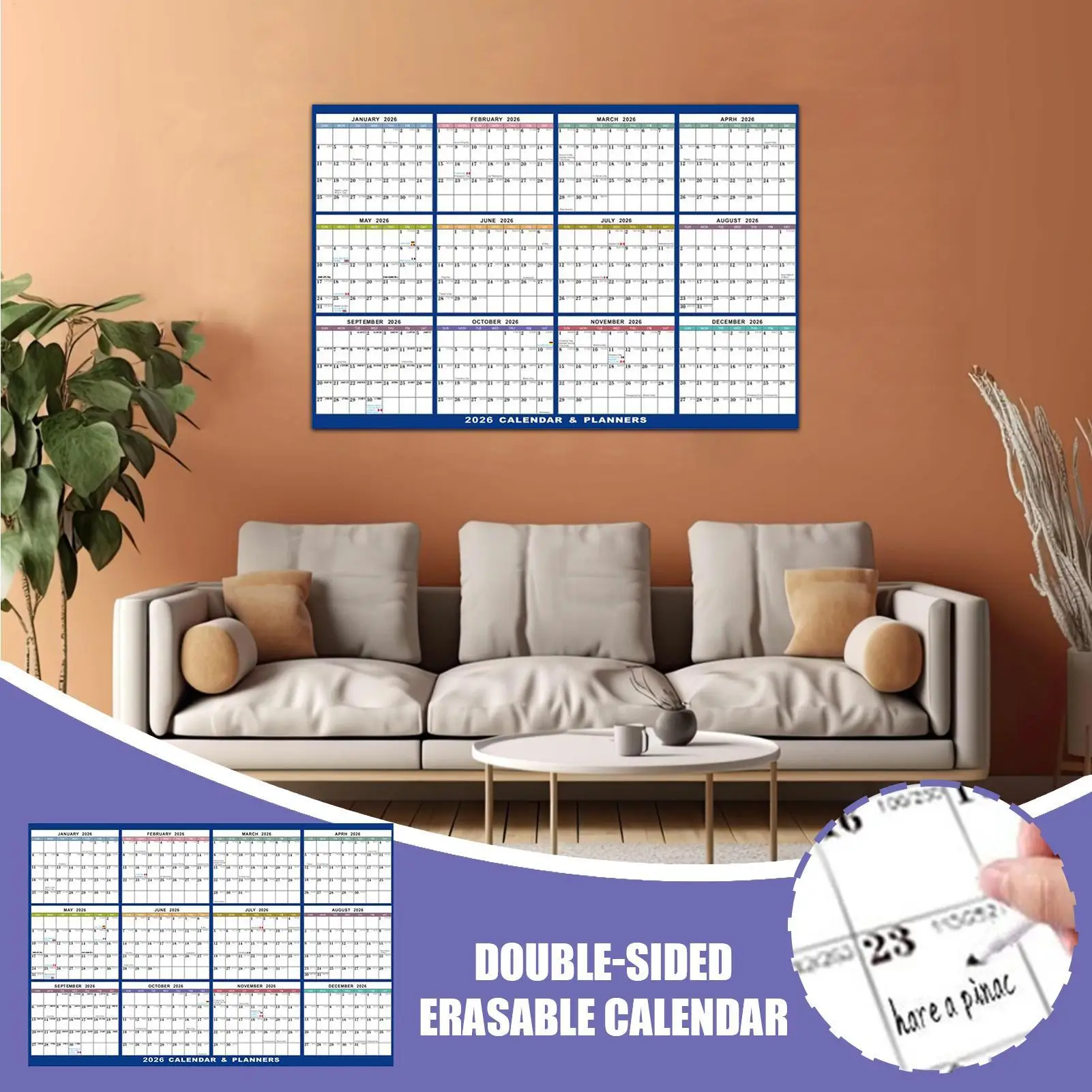 

2026 Single Wall Calendar Double-sided Adhesive Erasable Calendar Agenda Academic Planner Foldable Large Calendar Home Decor