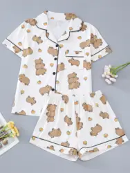 Cute water dolphin print ladies pajamas set of short-sleeved lapel top and loose shorts shu s four seasons ladies homewear