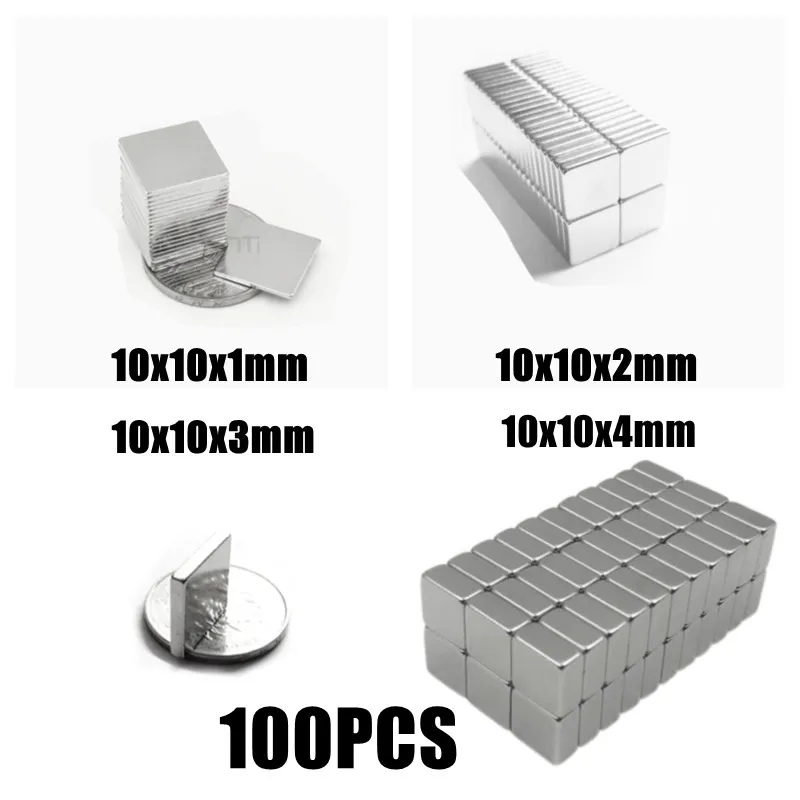 

100PCS Magnet 10x10x1 10x10x2 10x10x3 10x10x4 mm N35 Square Rare Earth Powerful Neodymium Magnetic Magnet 10mm