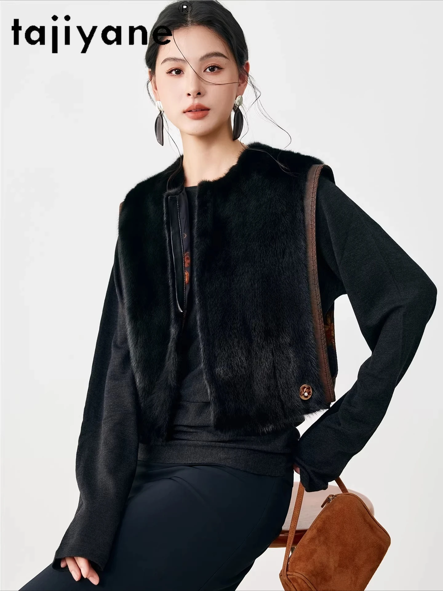 TAJIYANE Natuurlijke Nertsenbont Vest Vrouwen Stijlvolle Mouwloze Bontjas Korte O-hals Echte Bontjas 2025 Winter Vrouw Kleding 1200