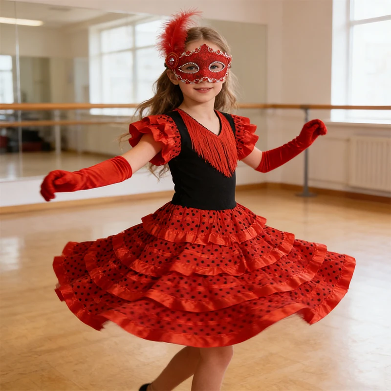 Kids Girls Spanish Flamenco Dance Costume Red Polka Dot Ruffle Long Dress Performance Outfit for Carnival Birthday Party