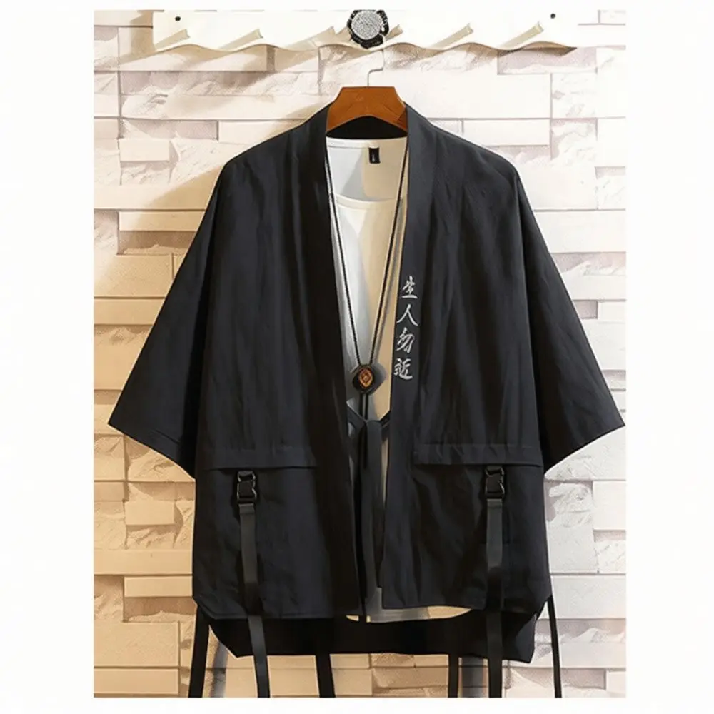 Summer Mens Kimono Shirt Japanese Retro Hip Hop Embroidery Tape Decoration Loose Fit Casual Fashionable Black Top
