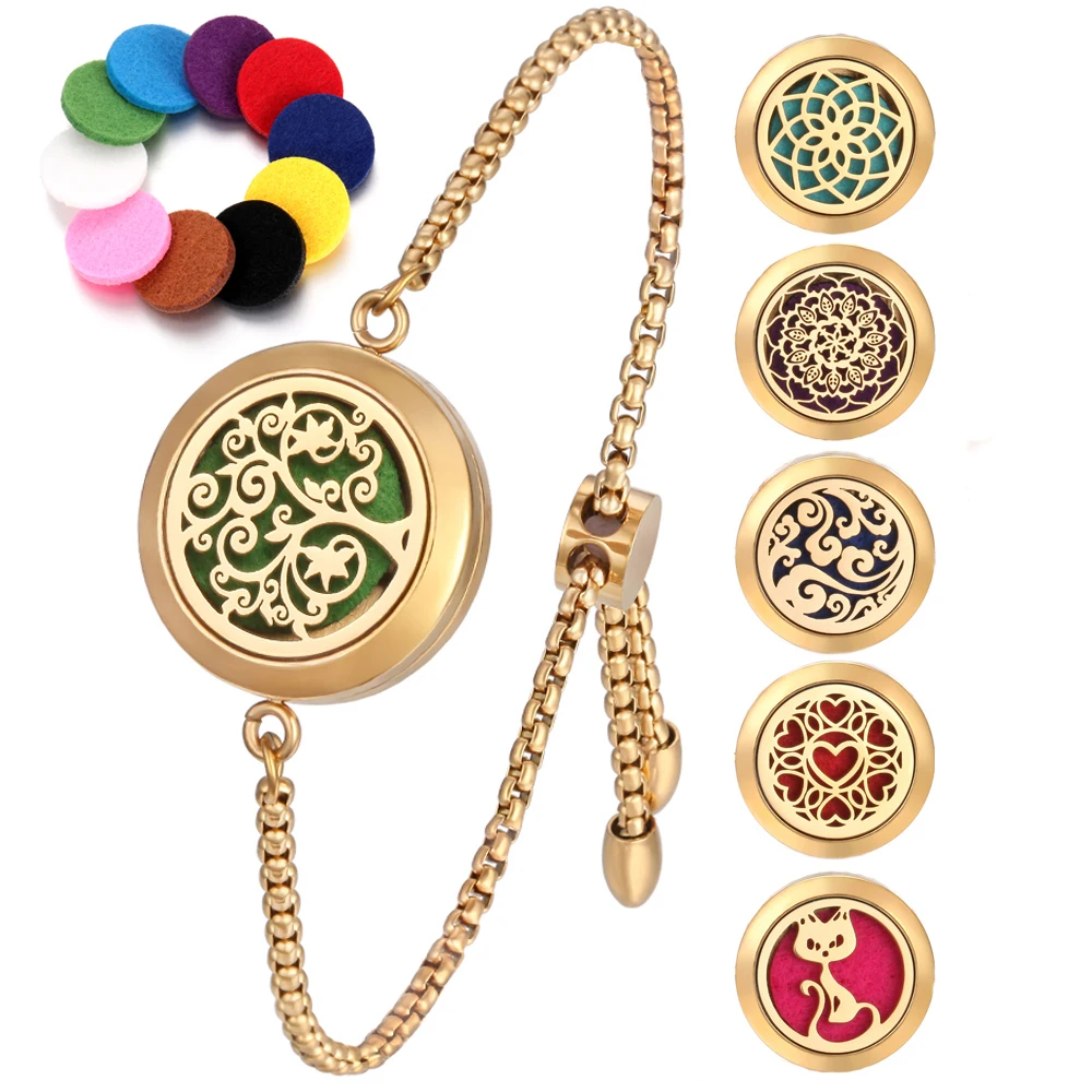 Golden Tree of Life Stainless Steel Aromatherapy Bracelet Bangles Perfume Essential Oil Diffuser Locket Bracelets for Women Men