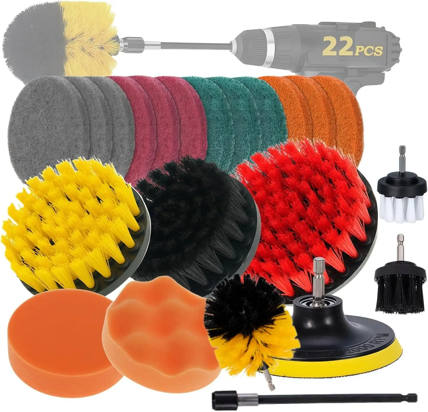 22Pcs Drill Brush Attachment Set Power Cleaning Scrub Brushes Scrub Pads & Sponge with Extension Rod for Bathroom Tub Tile Grout Cars Kitchen Surface Cleaning