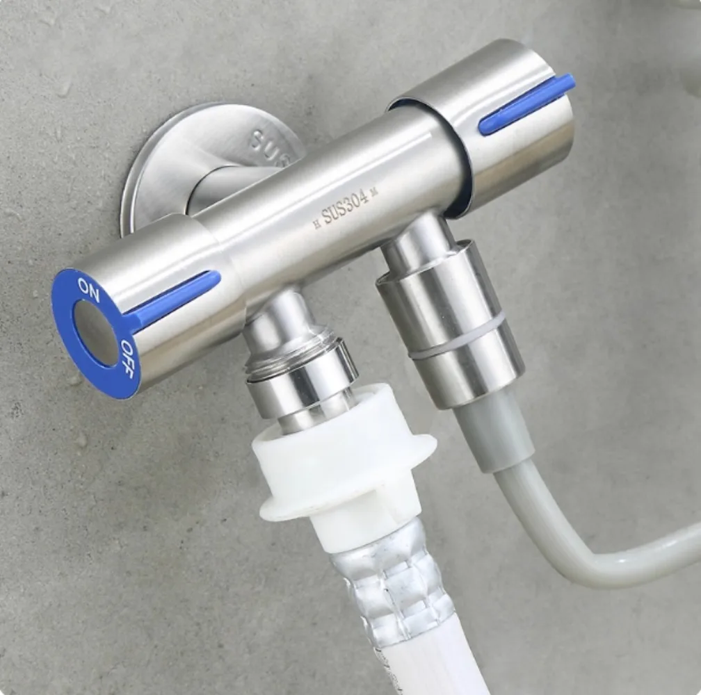 

Stainless Steel Single Cold Water 1 in 2 Out Bathroom Toilet Angle Valve Washing Machine Double Outlet Water Tap