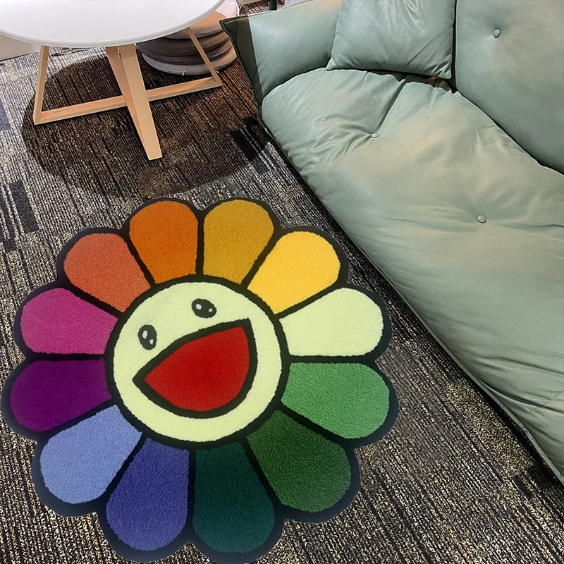 Cartoon Sunflower Round  Mats Handmake Embroidery Soft Rugs Smile Flower Carpet Children AntI-Slip Floor Mats Children Kids Gift