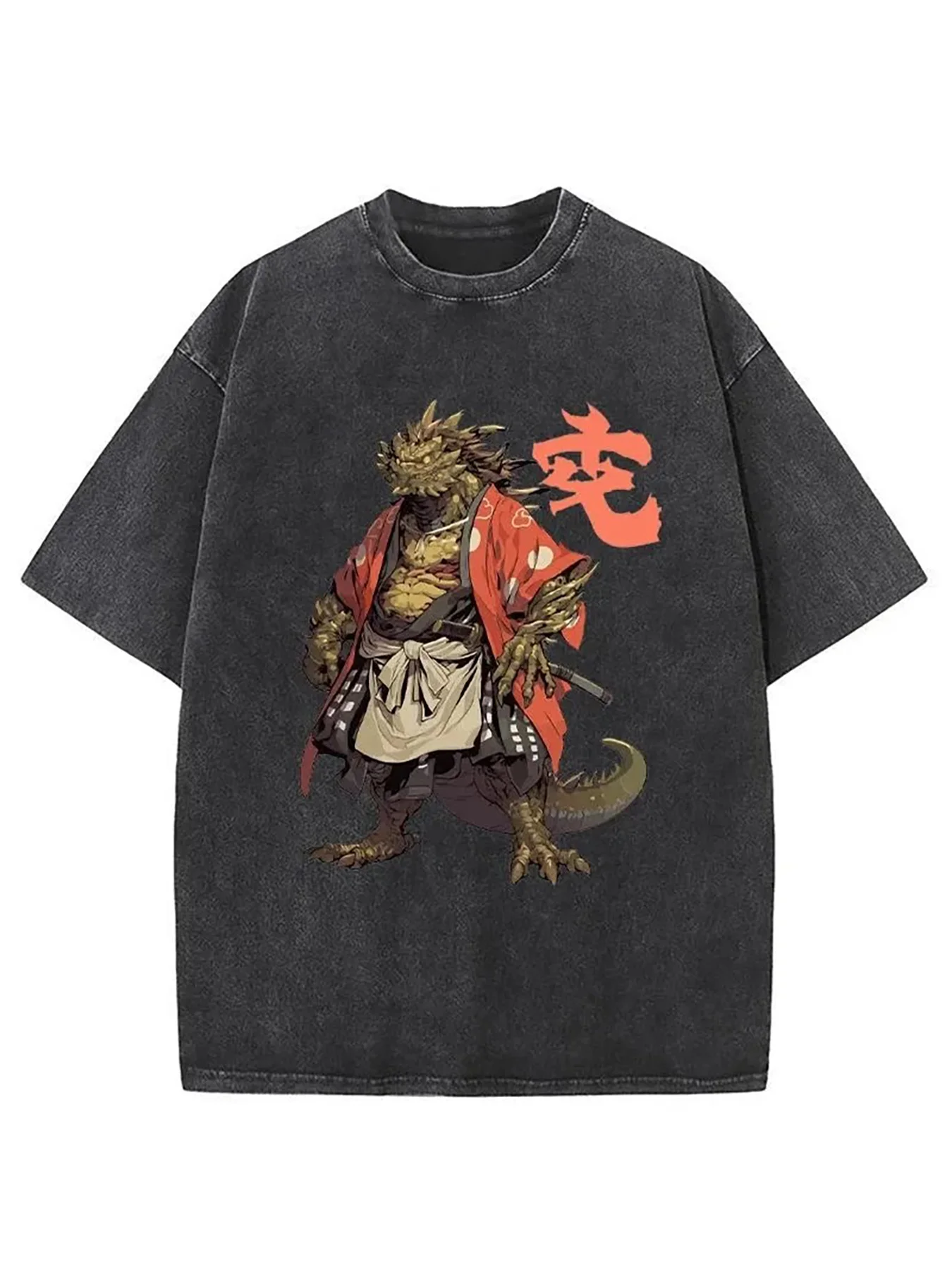 1-Pack, Men's Vintage Mythical Creature Graphic T-Shirt - Pre-Washed, Samurai Dragon Design, Loose and Comfortable Fit, Suitable for Spring Outings, Easter Gifts, and Celebrations