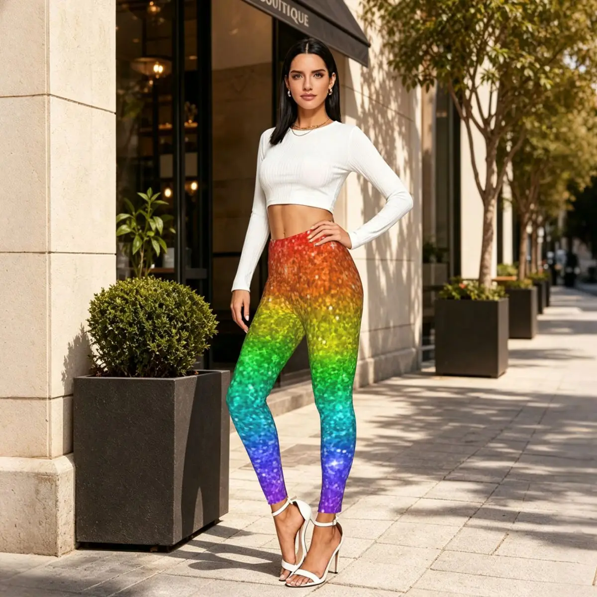 Multicolor Rainbow Glitter Women Leggings High Waisted Stretch Tights Workout Running Pants — купить у AliExpress WW