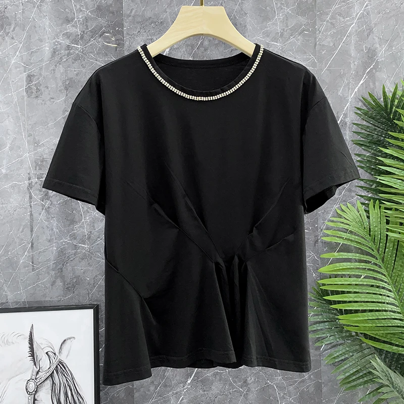 

Comfortable Heavyweight ort Sve T-irt Bla Asymmetrical Waist-Cinching Sequin Diamond Embellied Cotton Commute Sle