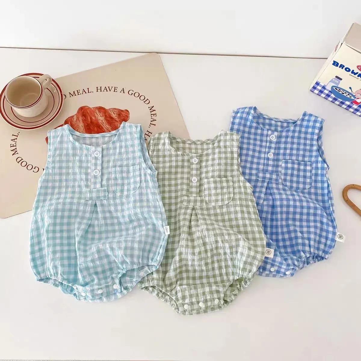 

Plaid Bodysuit Toddler Thin Sleeveless Triangle Rompers For Baby Boys Girls New Thin Soft Cute Vest Infant Summer Sleepwear