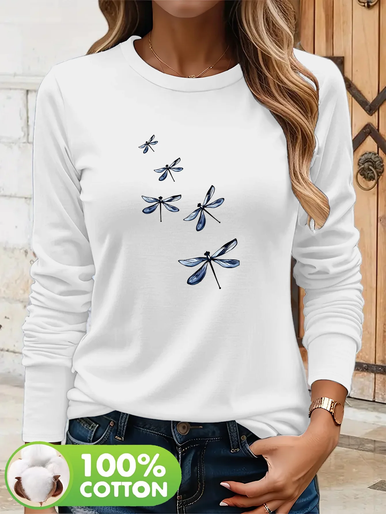 100% Cotton Long Sleeve Dragonfly T-shirt Casual Everyday Chic Pullover All-SeasonTop for Fall Winter Autumn