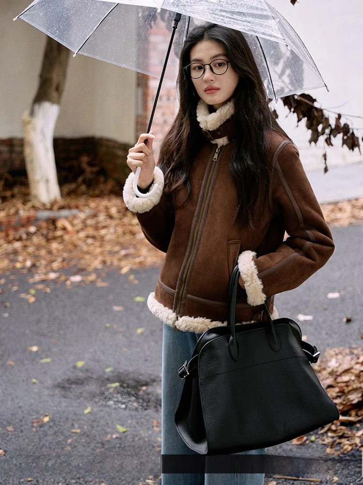 

Jicouture Ретро-куртка с воротником-стойкой из искусственного меха, женская, короткая, зимняя верхняя одежда, экологичная, из полиэфирного волокна с имитацией овчины