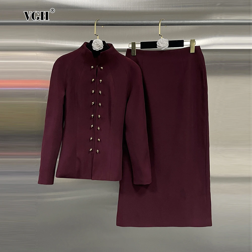

VGH Solid Spliced Metal Buckle Two Piece Set For Women Stand Collar Long Sleeve Coat High Waist Slim Skirt Elegant Sets Female