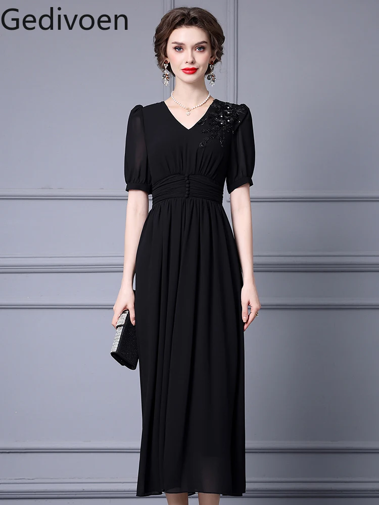 

Gedivoen Summer Fashion Runway New Designer V-Neck Collar Embroidered Flares Floral Print Office Lady Style A-LINE Dress