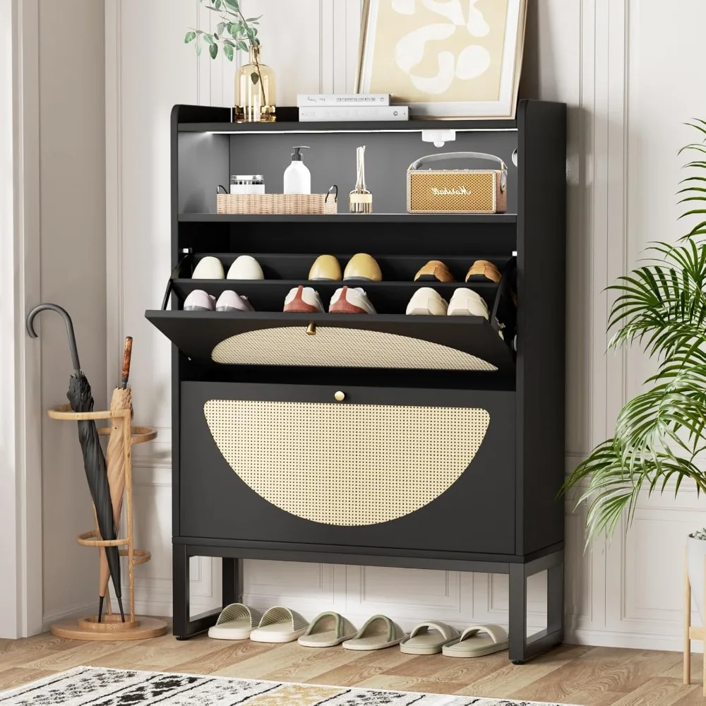 

Shoe Storage Cabinet, Rattan Shoe Cabinet with 2 Flip Drawers & Sensor Light for Entryway, Narrow Free Standing Shoe Racks