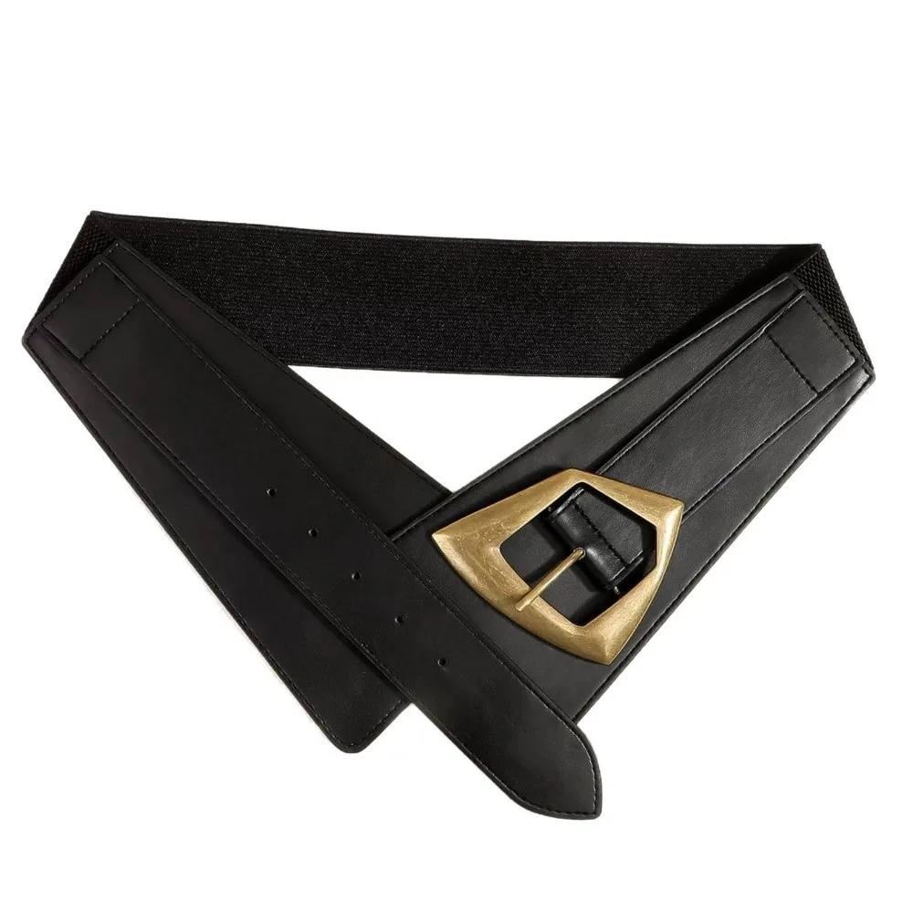 PU Leather Elastic Wide Cummerbunds Black Color Metal Buckle Women Formal Events Belt Retro Geometric Versatile Waist Belt