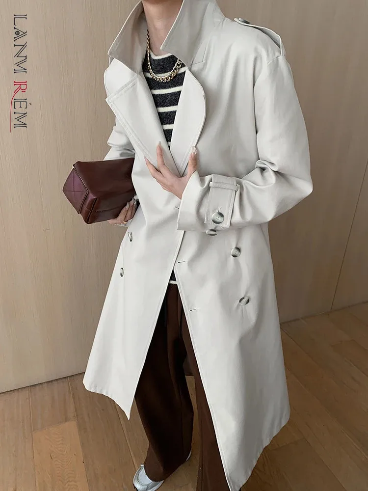 

[LANMREM] Office Lady Long Trench For Women Lapel Double Breasted Fashion Loose Windbreaker Female 2025 Spring New 26D9900