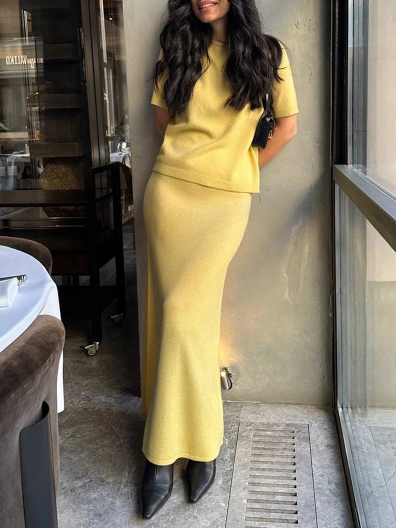 طقم خريفي أنيق للسيدات بأكمام قصيرة وياقة دائرية وتنورة عالية الخصر على شكل حرف A ملابس مكتب للسيدات بطول ماكسي