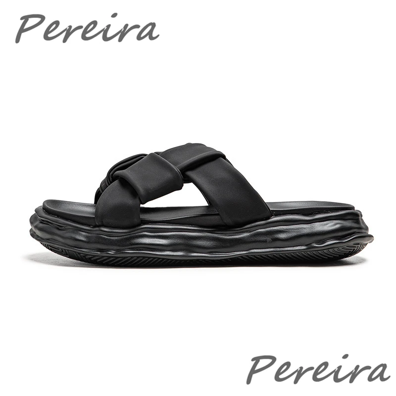 Black White Fashion Weaving Wedge Slippers Summer Platform Solid Thick Bottom Slipper Sandals Outdoor Beach Men's Casual Shoes