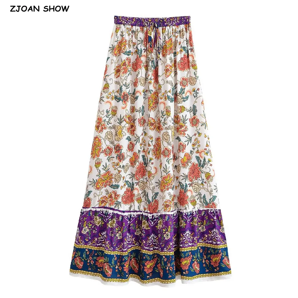 2025 BOHO Beige with Big Flower Print Long Skirt Spliced Ruched Ruffle Hem Women Ball Tassel Bow Waist Swing Skirts Holiday