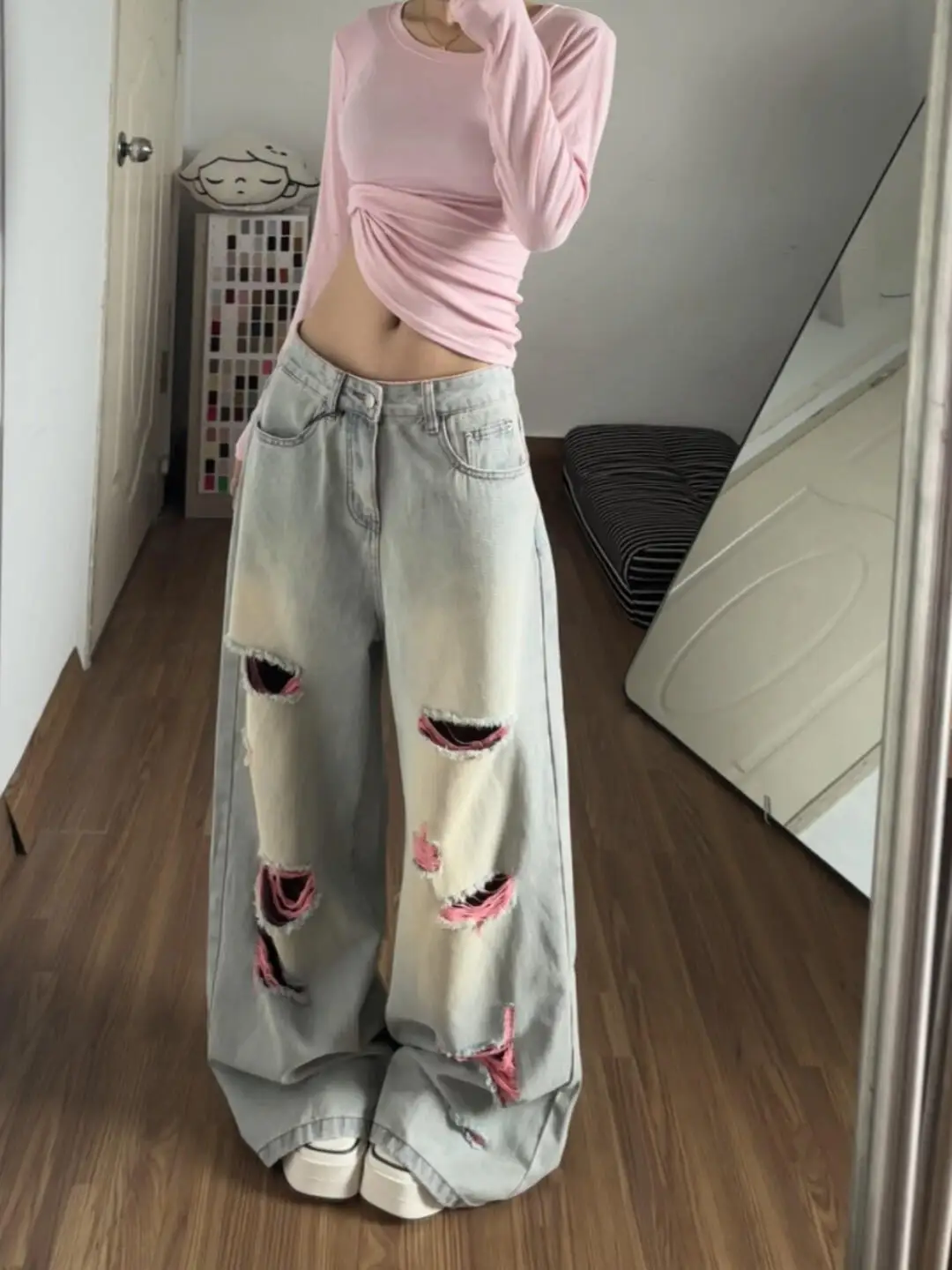 Sweet Cool Spicy Girl American Style Pink Hole Denim Jeans Women Summer Design Loose Slim Straight Leg Wide Leg Long Pants