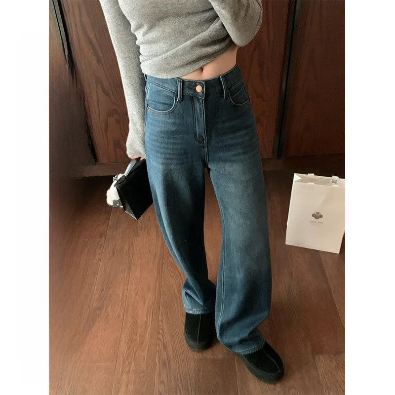 

Thiened Fce Lined Straight Leg Jeans Version Scythe Pants Women's Retro Sle l Waist Button Closure Jeans